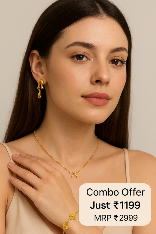Atigal Jewels Gold Elegance Combo – Drip Earrings + Bow Necklace + Clover Bracelet | Premium Daily Wear Set