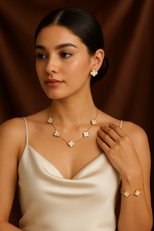 "Clover Luxe Mother-of-Pearl Combo Set (Necklace + Bracelet + Earrings)"