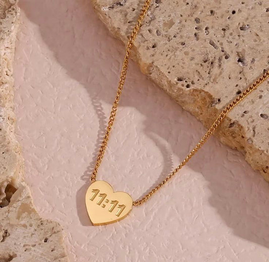 11:11 Heart Pendant Necklace – Gold Plated Minimal Chain