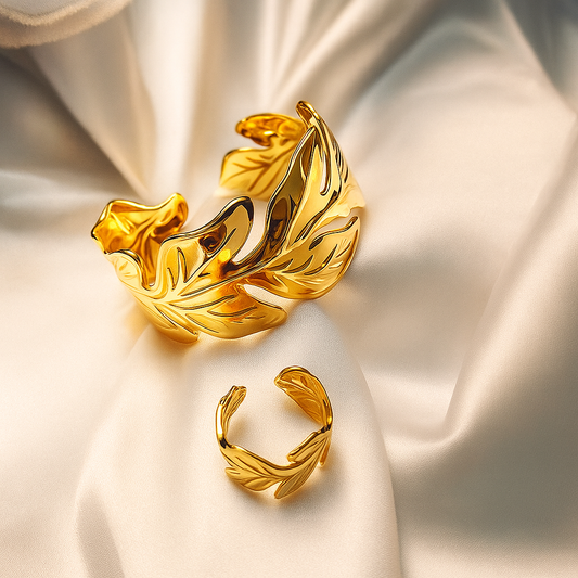 Golden Leaf Cuff & Ring Set – Luxe Anti-Tarnish Collection