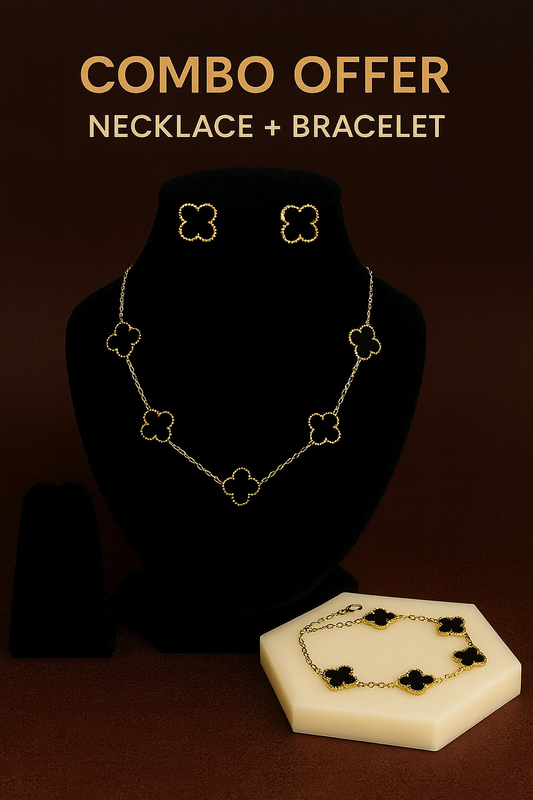 Black Clover Elegance Combo – Necklace + Bracelet + Earrings (5-Clover Bracelet | Gold Plated | Anti-Tarnish)