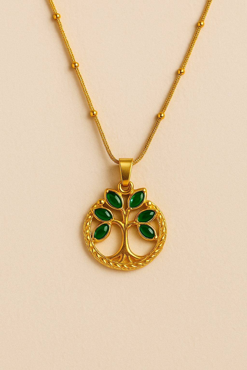 Emerald Tree of Life Pendant Necklace – Gold Plated Beaded Chain