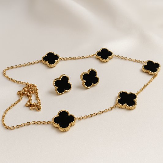 Black Clover Elegance Set – Gold-Plated Necklace & Stud Earrings