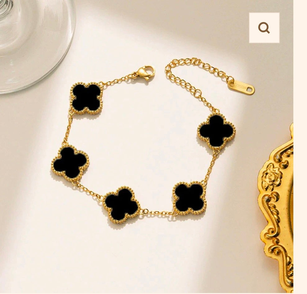 Black Clover Elegance Combo – Necklace + Bracelet + Earrings (5-Clover Bracelet | Gold Plated | Anti-Tarnish)