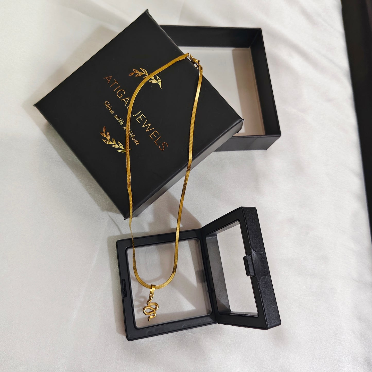 24K Gold-Plated Snake Pendant Necklace – Premium Herringbone Chain | Atiga Jewels