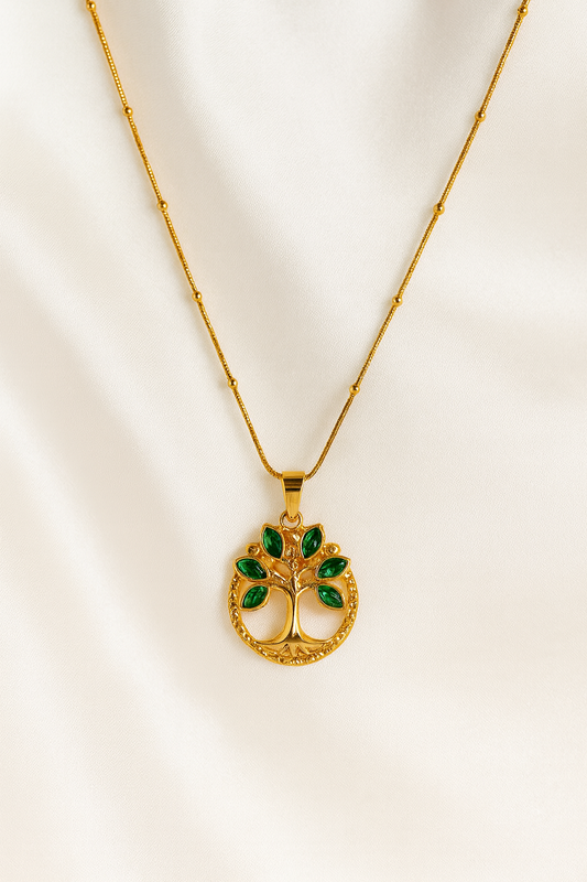 Emerald Tree of Life Pendant Necklace – Gold Plated Beaded Chain