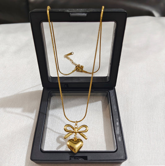 Golden Bow Heart Charm Necklace