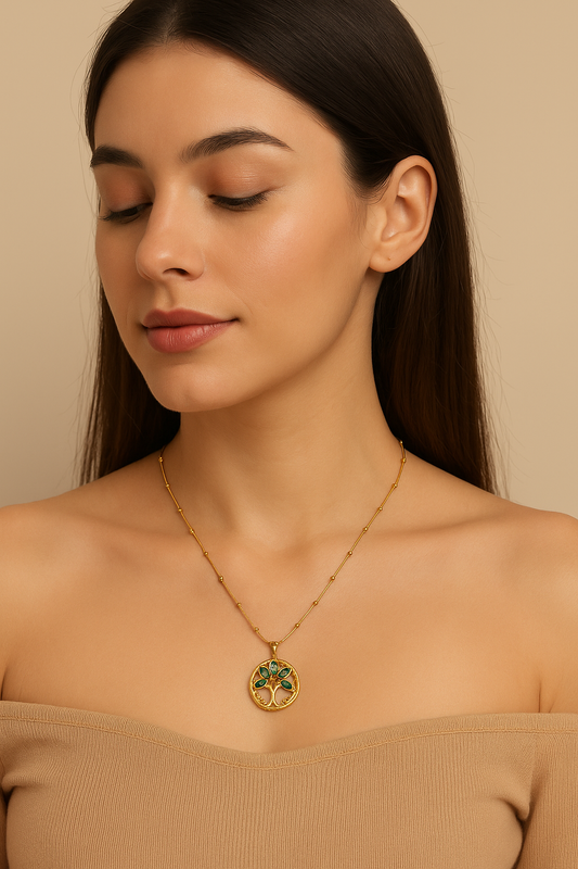 Emerald Tree of Life Pendant Necklace – Gold Plated Beaded Chain