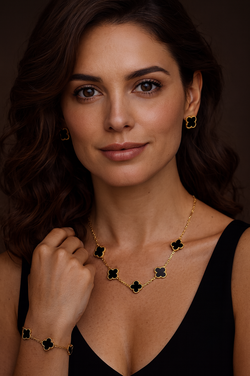 Black Clover Elegance Combo – Necklace + Bracelet + Earrings (5-Clover Bracelet | Gold Plated | Anti-Tarnish)