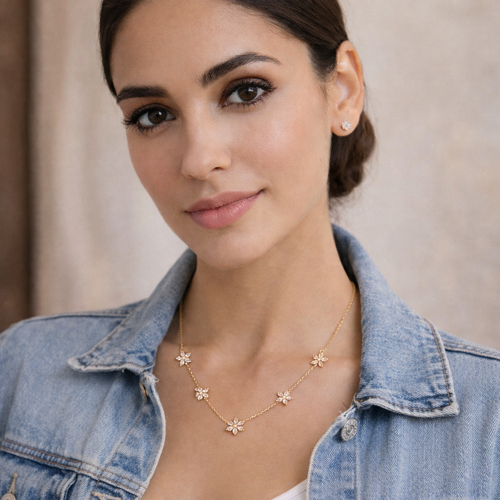 Atigal Jewels Floral Crystal Charm Gold-Plated Necklace | Elegant Minimal Flower Design | Daily Wear & Party Jewellery for Women