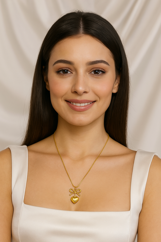 Golden Bow Heart Charm Necklace